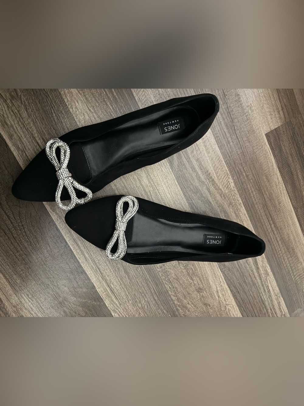 Jones New York Black Pointed Flats with Rhinestone Bow Accent